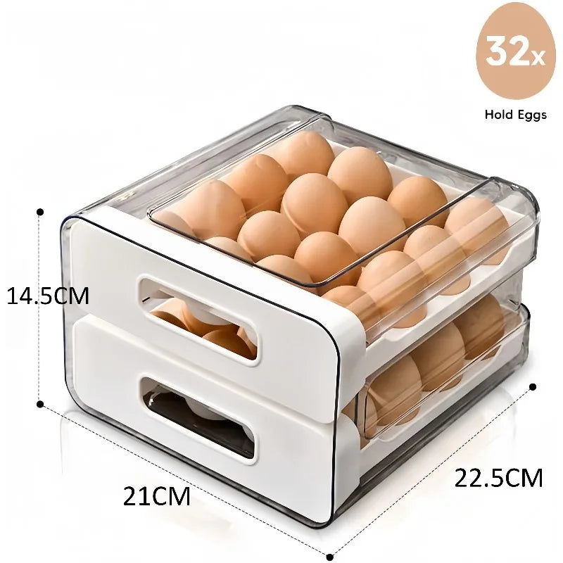 Double-layer Capacity Pull-out Drawer Refrigerator Egg Storage Box Egg Storage Fresh-keeping Box 32 Grid Egg Box Qme