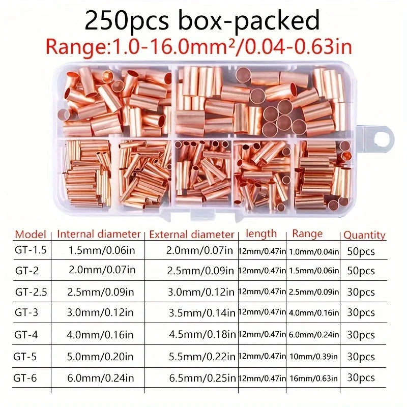 250pcs Copper Connecting Pipe Kit - Perfect For Wire Joints & Cable Lugs! Qme