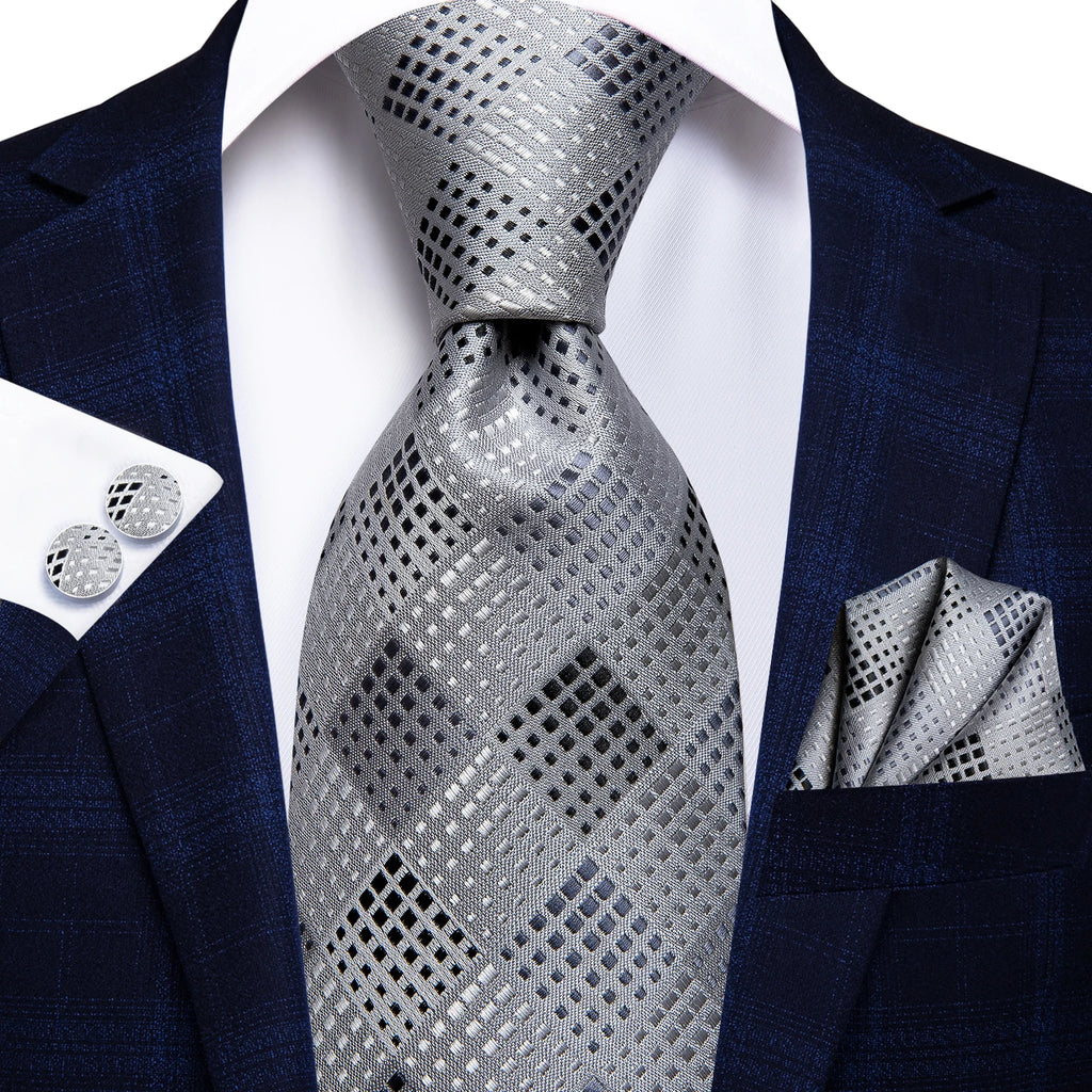 Hi-tie Fashion Black Plaid Dots Men's Elegant Tie Handkerchief