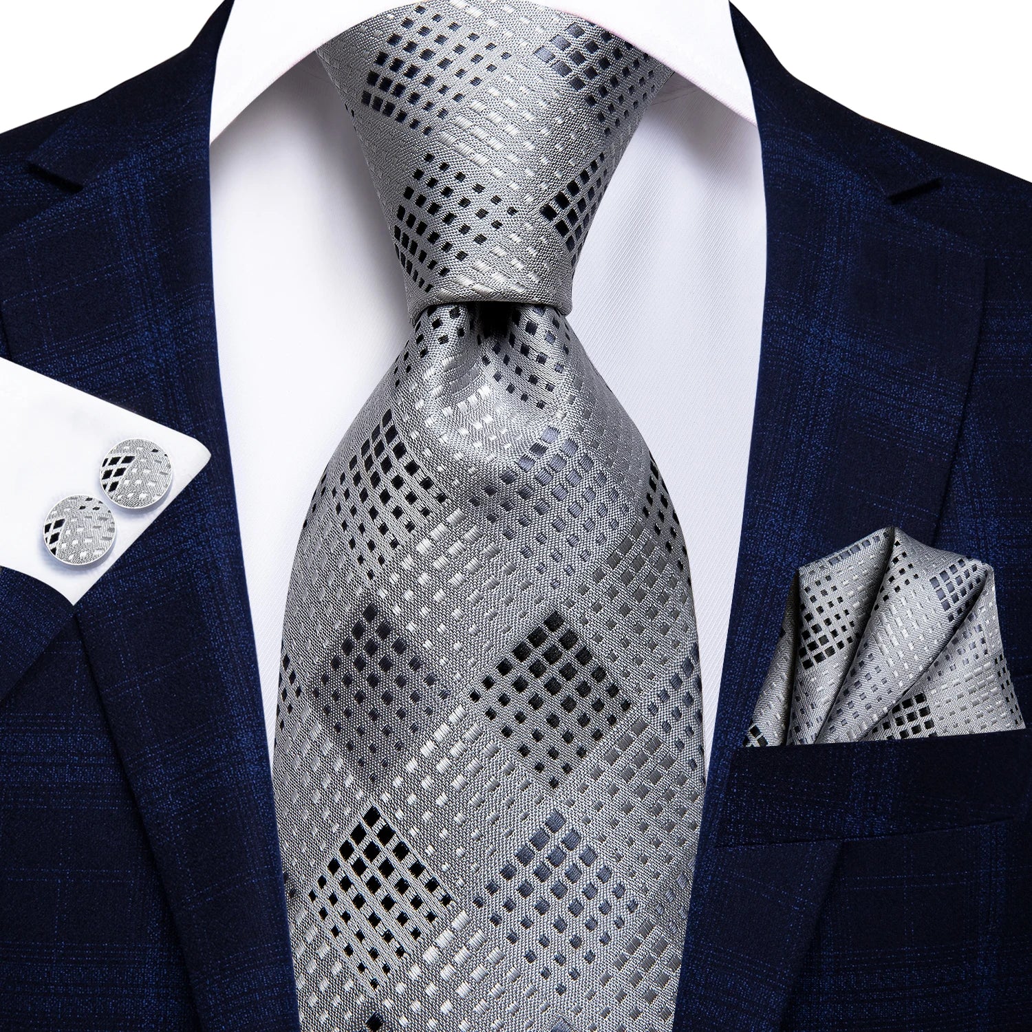 Hi-tie Fashion Black Plaid Dots Men's Elegant Tie Handkerchief