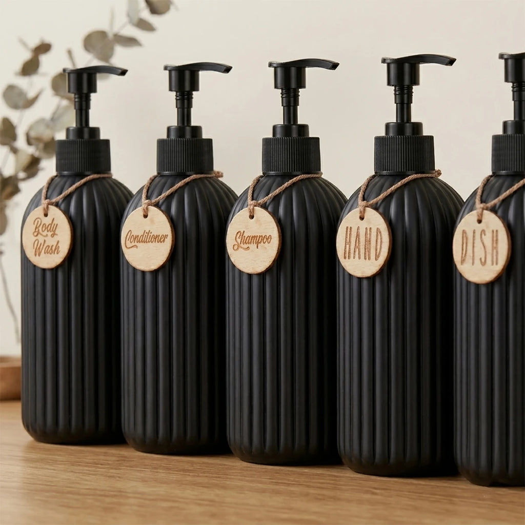 Matte Black Soap Disenser with Tags-16oz Ribbed Plastic Refillable Bathroom Bottles for Shampoo Conditioner Body Wash Container Qme