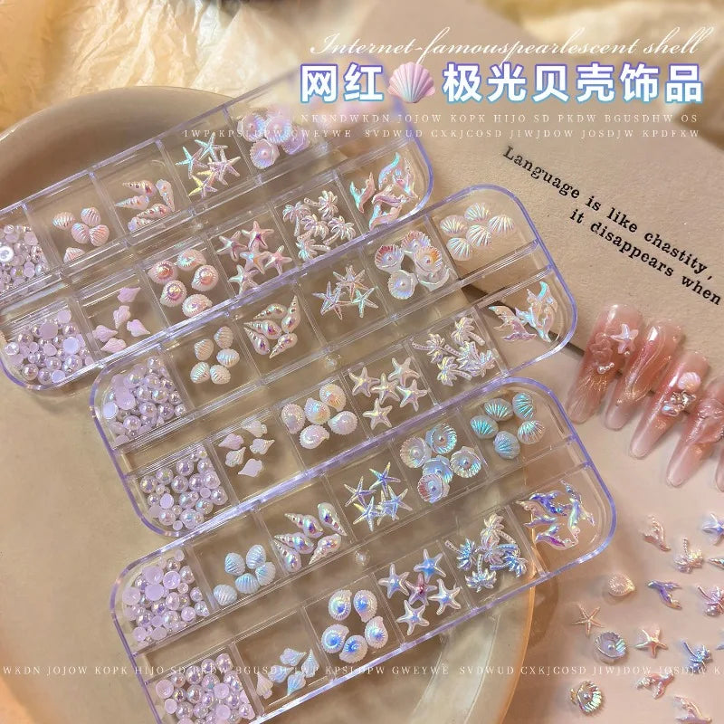 Mixed Aurora Shell Nail Charms Ocean Series Starfish Conch Coconut Tree Resin Nail Art Decorations DIY Manicure Accessories Qme