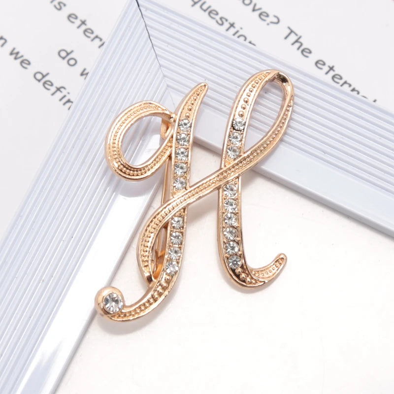 Women Luxury Letter Brooch Pins Gold Rhinestones Crystal English Qme H