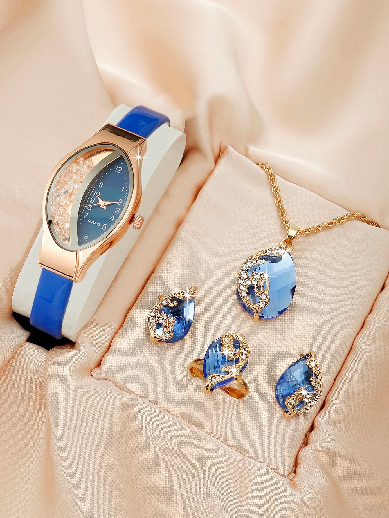 Casual Analog Wristwatch for Women, Leather Bracelet for Women, Simple Gift, New, Set of 5 Qme Blue
