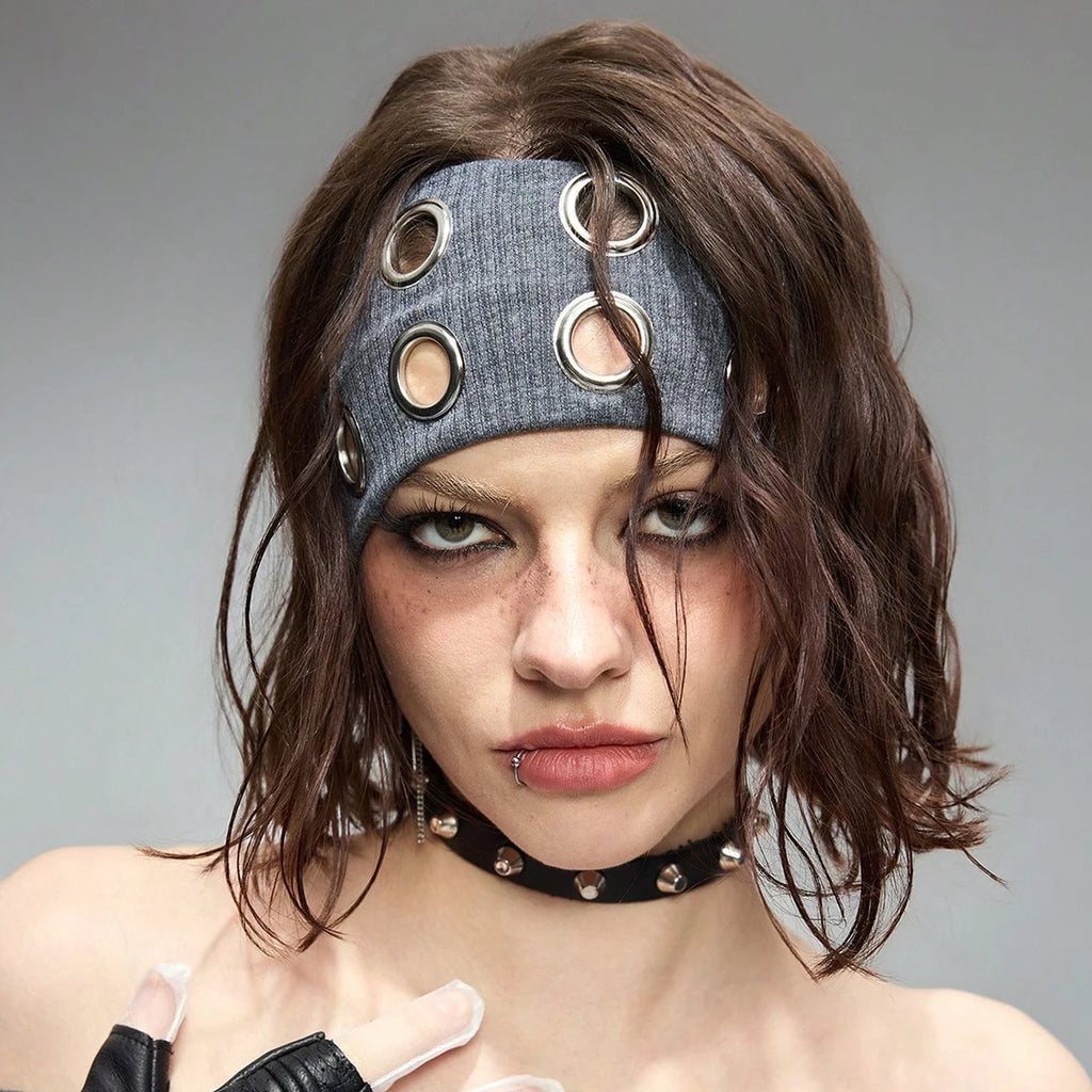 Punk Girl Fabric Hollow Elastic Headbands Metal Rock Personalized Hollow Eyelets Hair Band Casual Sports Grommet Headband Qme