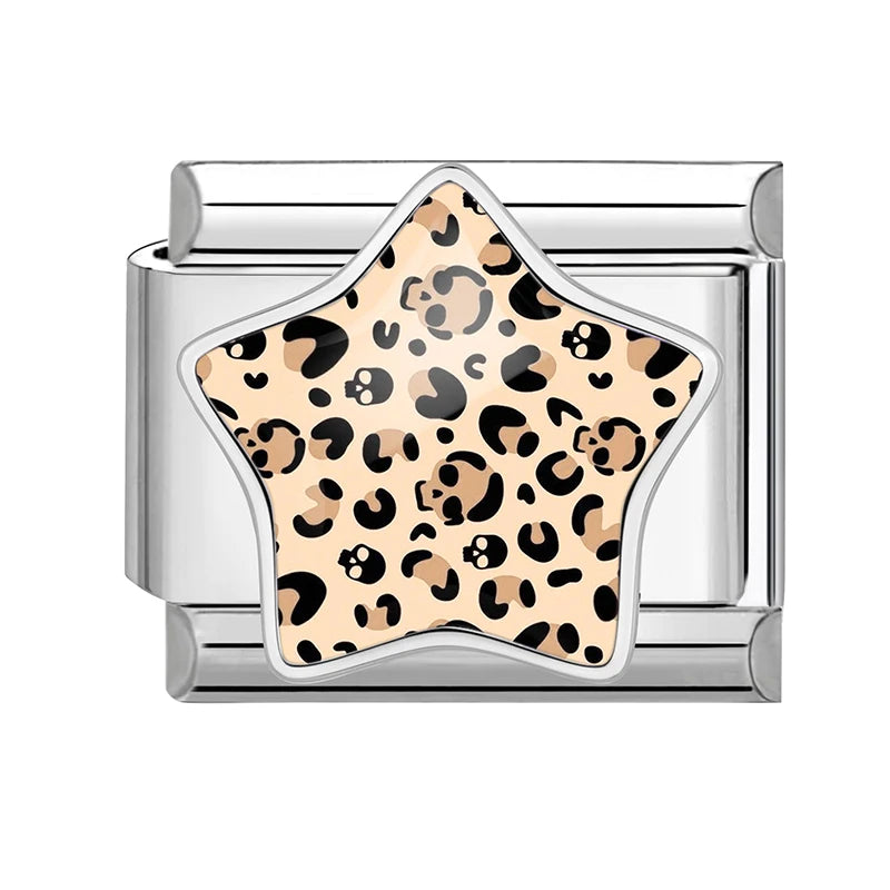 3D Inlay Stars Cute Zebra Stripe Stars Pink Blue Leopard Print Italian Charm Links Fit 9mm Stainless Steel Bracelet DIY Making Qme Style 14