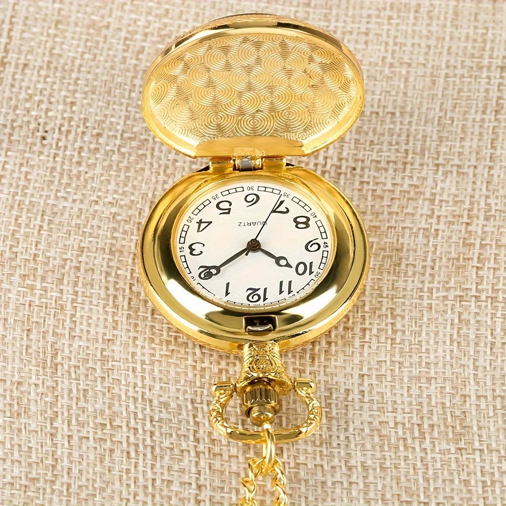 Retro Golden Coin Pattern Small Quartz Pocket Watch, Commemorative Collectible Clock Qme