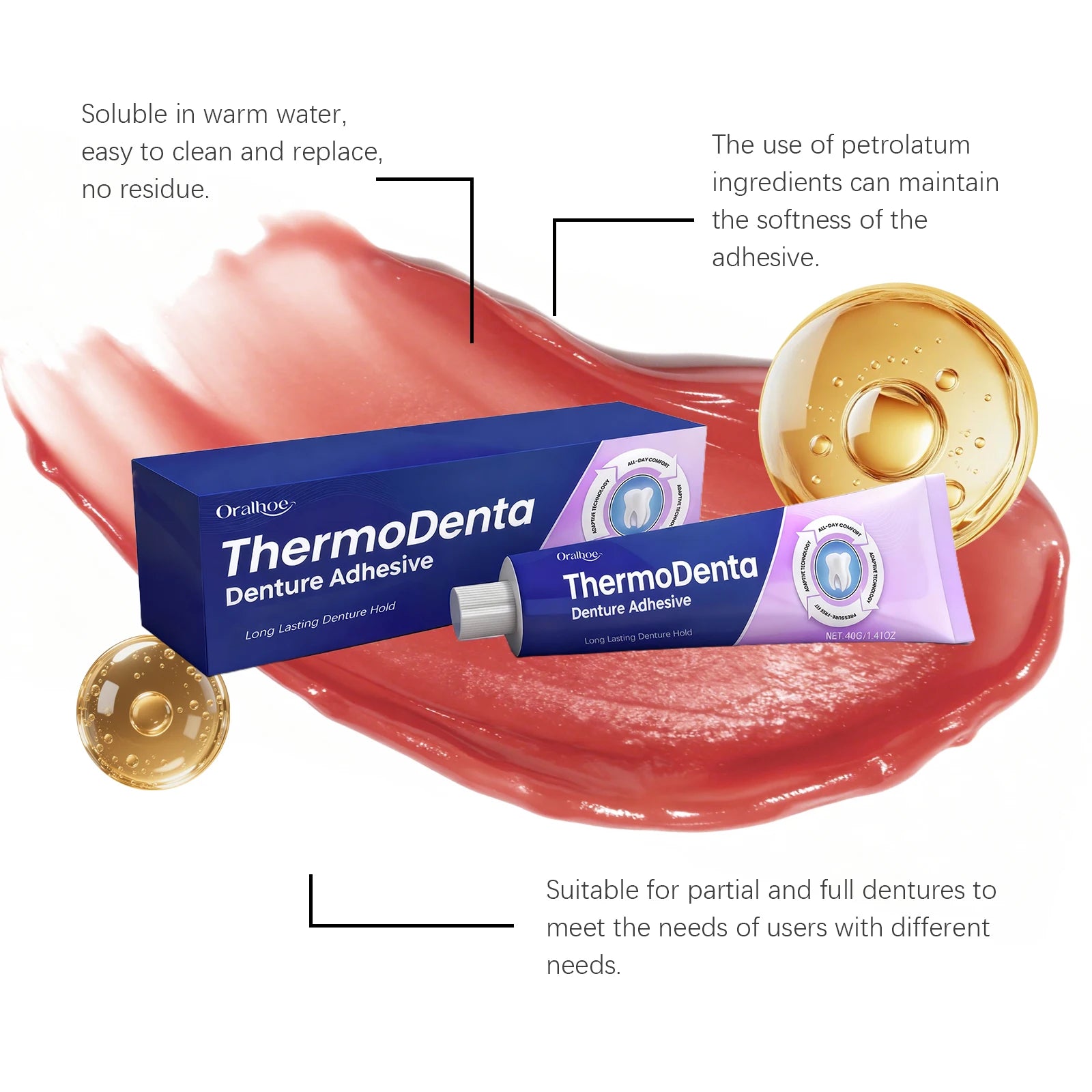Oralhoe Thermoplastic Denture Adhesive Glue for Upper & Lower Denture Waterproof Chewing Comfortable Dentures Fixing Cream 40g Qme