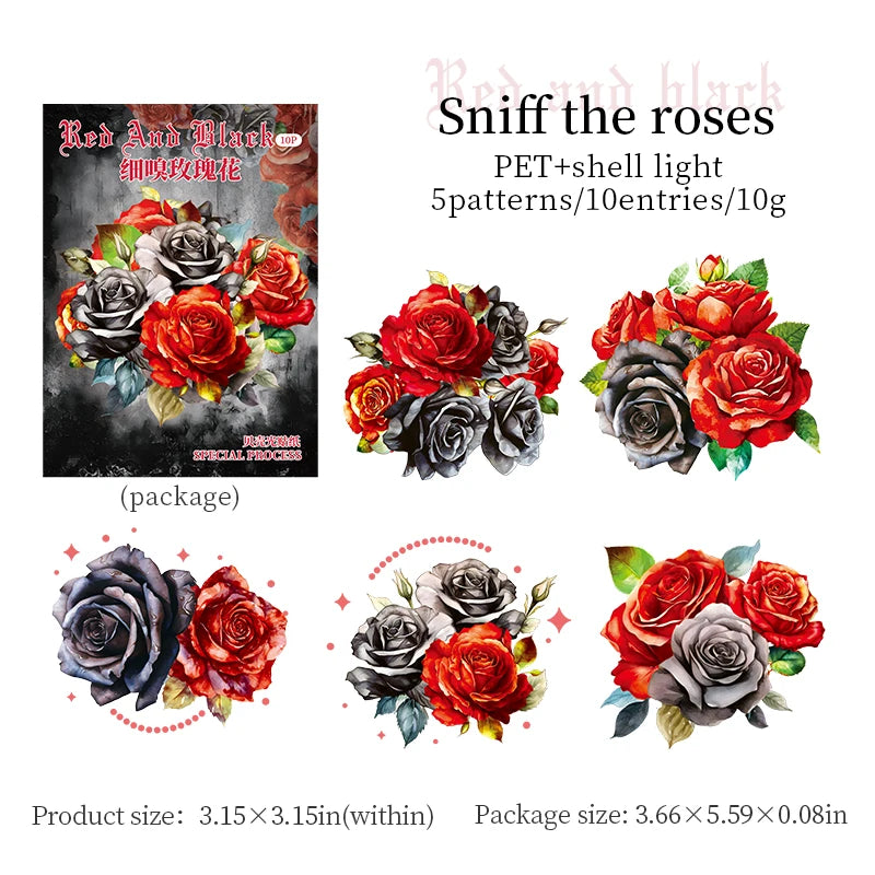 10 Pcs PET Red black flowers Sticker Decoration Natural plants Stickers DIY Diary Album Scrapbook material junk journal supplies Qme E