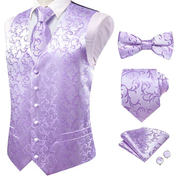 Classic Purple Printed V-Neck Waistcoat 5 In 1 Men Formal Dress Matching Accessories Qme