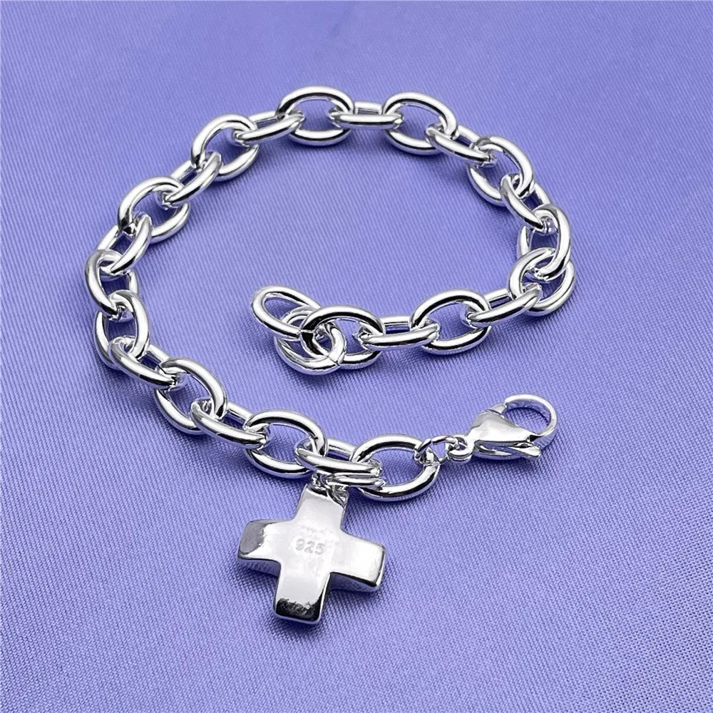 925 sterling Silver unique cross Bracelets for Women fashion Costume Jewelry 20cm 8inch Wedding accessories Christmas Gifts Qme