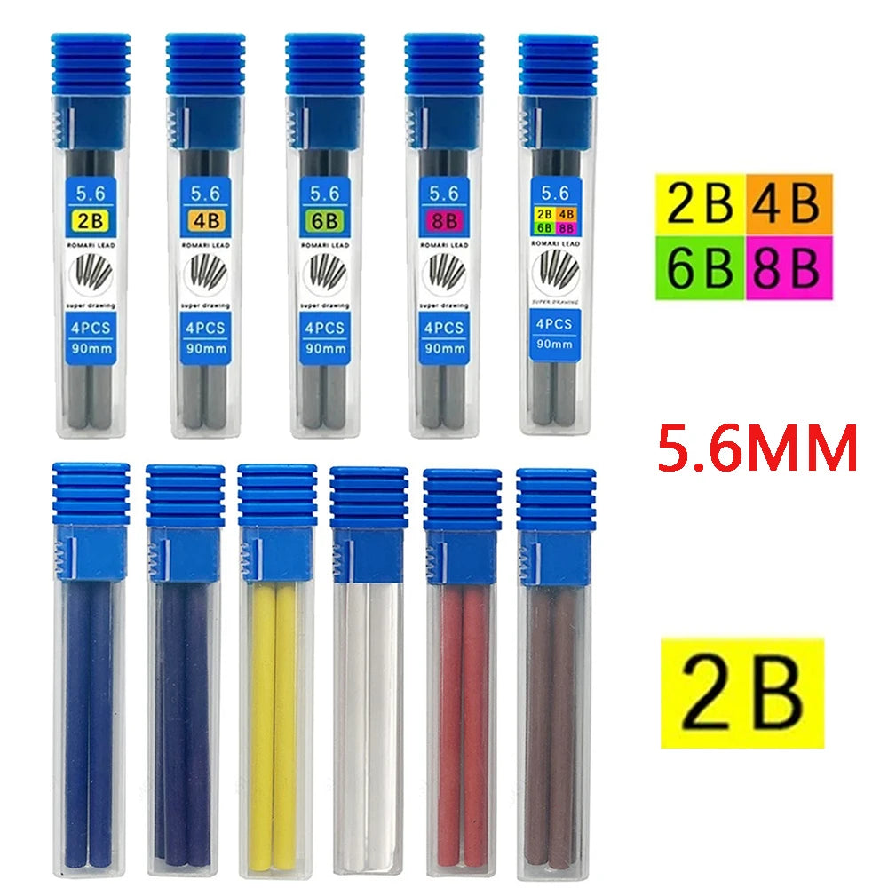 4Pcs/Box 5.6mm 2B/4B/6B/8B Solid Mechanical Pencil Replaceable Lead, Mechanical Pencil Lead Marking Architectural Accessory Qme