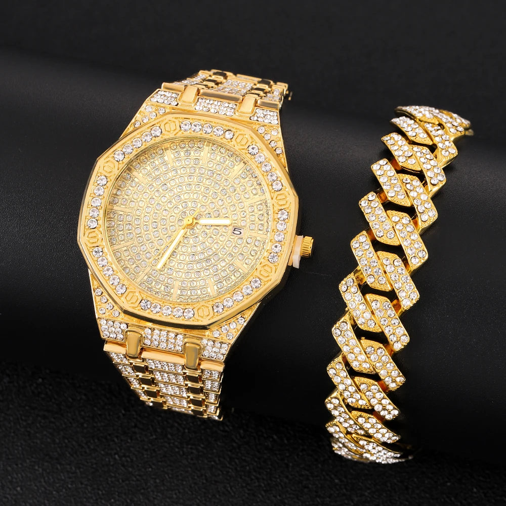 Men's Iced Watch Men's Gold Watch Hip Hop Fashion Cool Bling Gold Diamond Luxury Men's Watch Direct Delivery Relogio Qme Gold