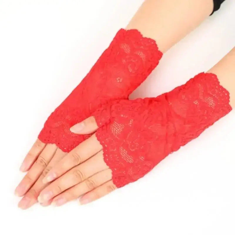 Summer Outdoor Women Half Fingers Mesh Lace Gloves Female Elegant Qme Red