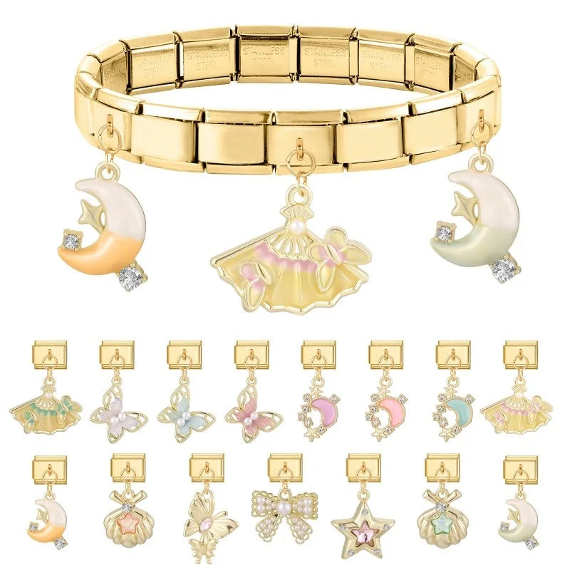 Y2k Charm Colored Butterfly Bowknot Leafs Italian Charm Links Fit 9mm Bracelet Stainless Steel DIY Jewelry Making Wholesale Qme