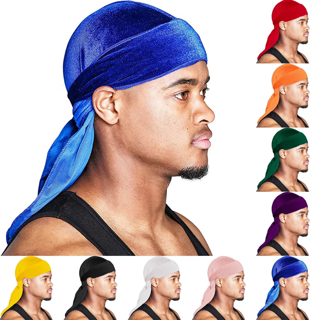Men's Fashion Turbans Velvet Long Tail Braided Pirate Hat Outdoor Activity Personalized Bandana Turban Satin Elastic Headband Qme