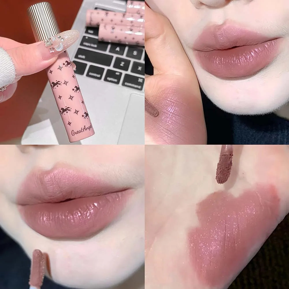 Shiny Matte Lipstick Moisturizing Lasting Pink Purple Sparkling Waterproof Nude Rose Lip Mud Glitter Makeup Cute Horse Pattern Qme 01
