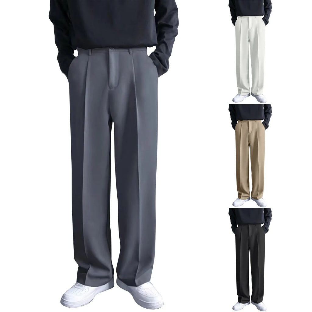 Men's Business Casual Fashion Loose Solid Color Drape Straight Trousers Classic Commuting Simple And Versatile Pocket Long Pants Qme