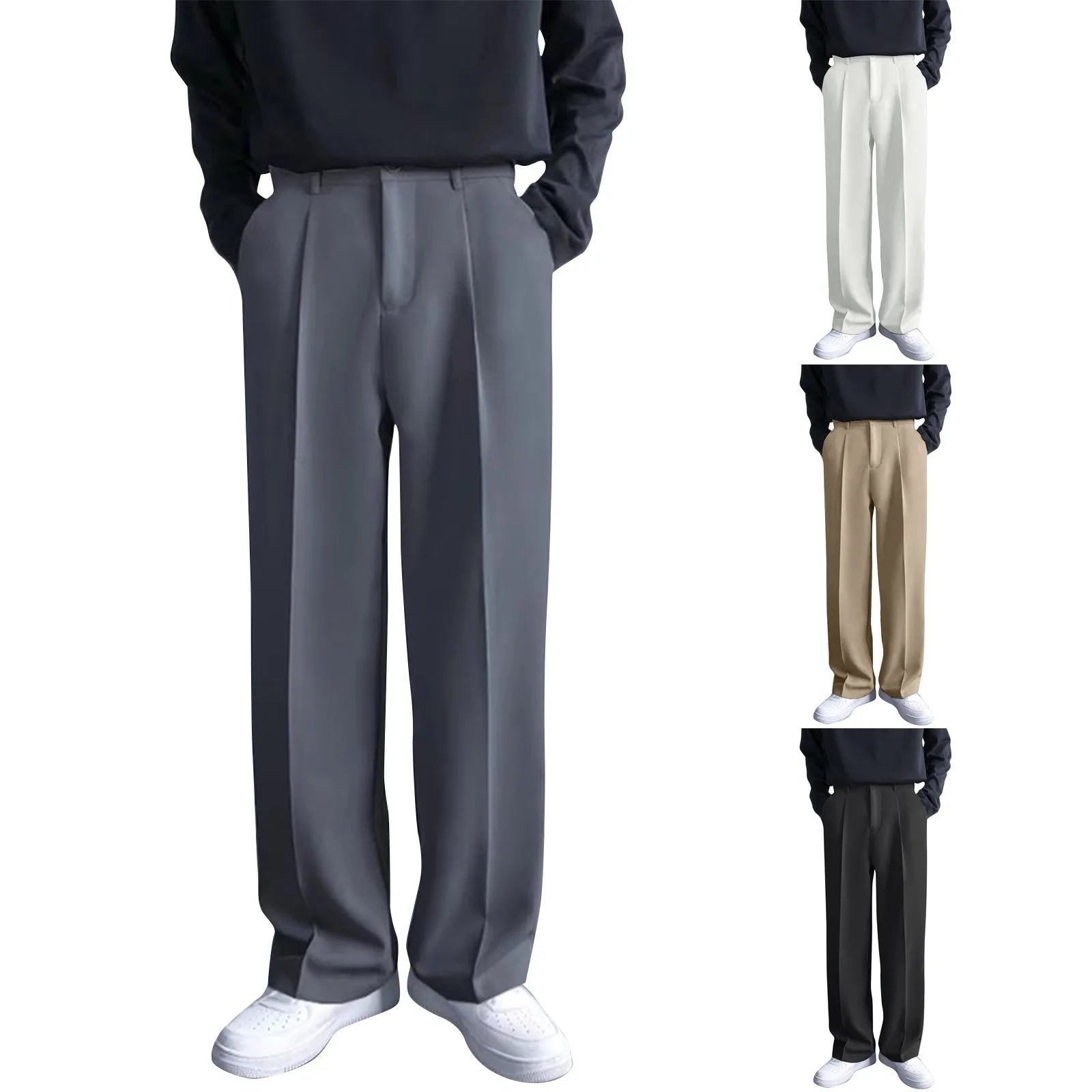 Men's Business Casual Fashion Loose Solid Color Drape Straight Trousers Classic Commuting Simple And Versatile Pocket Long Pants Qme