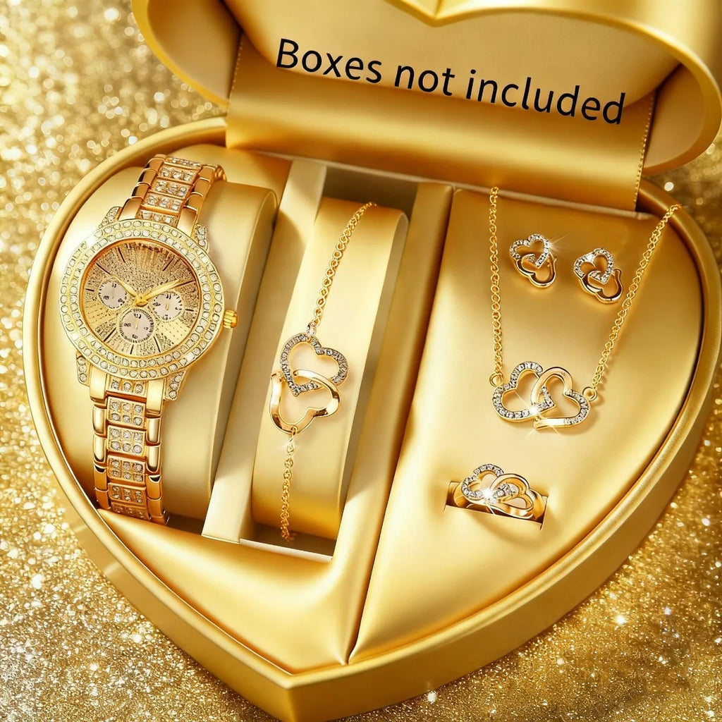 6PCS Luxury Rhinestone Women Watch Jewelry Set Ladies Fashion Alloy Strap Quartz Wristwatch Reloj Mujer Girls Clock(Without Box) Qme