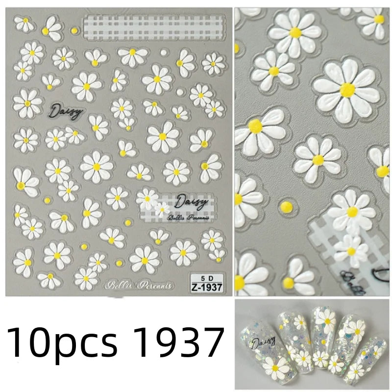 5D Flower Daisy Embossed Stickers Nail Sliders Decals Daisy White Florals Petals Flowers Back Glue Nail Sticker Decoration Qme 10pcs 1937