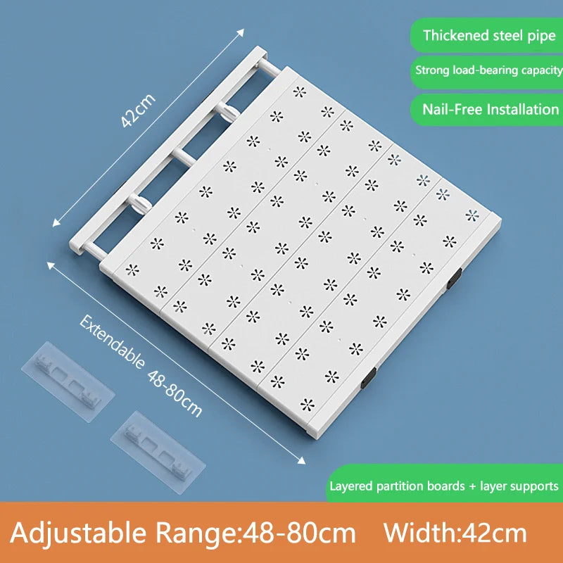 No-Drill Expandable Shelf Dividers Adjustable Wardrobe Cabinet Organizers Kitchen/Bathroom Storage Rack Dorm Space-Saving Qme 48-80cm 42cm