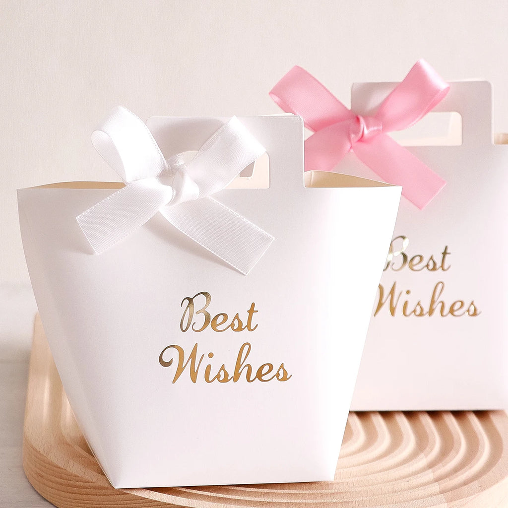 A Set of 5 Exquisite Mini Gift Boxes, Designed for Weddings, Decorated with Gold-Stamped "Best Wishes" and Ribbon Bows. Elegant and Refined, It Is the Perfect Choice for Weddings, Anniversaries, and Various Special Occasions. Qme
