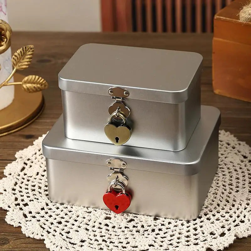 Silver Lockable Tin Storage Box Multifunctional Desktop Metal Jewelry Qme