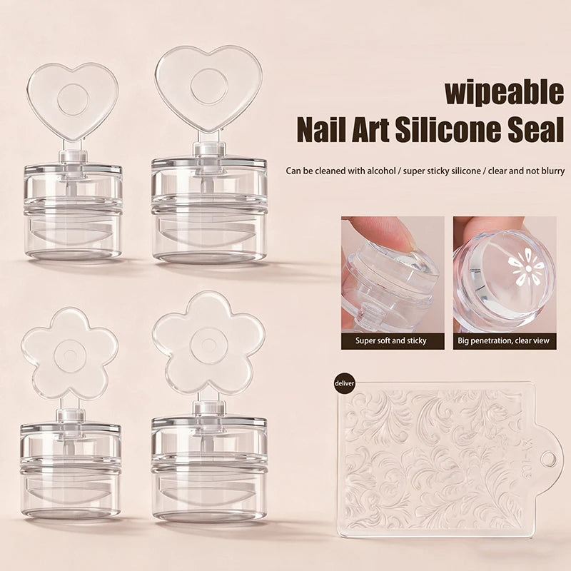 Transparent Nail Stamper Scraper Heart Flowers Shaped Jelly Silicone Qme