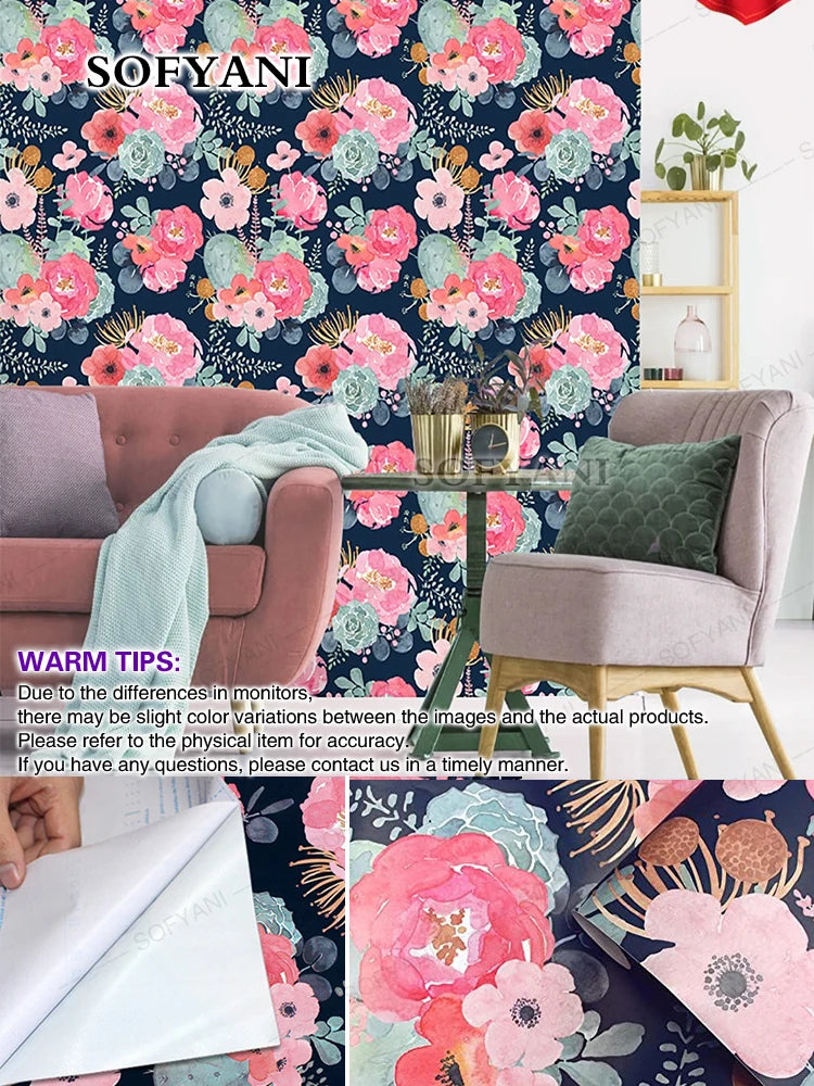 Floral Self Adhesive Wallpaper Waterproof Removable Wall Decal Qme Navy Blue 45cmx10M