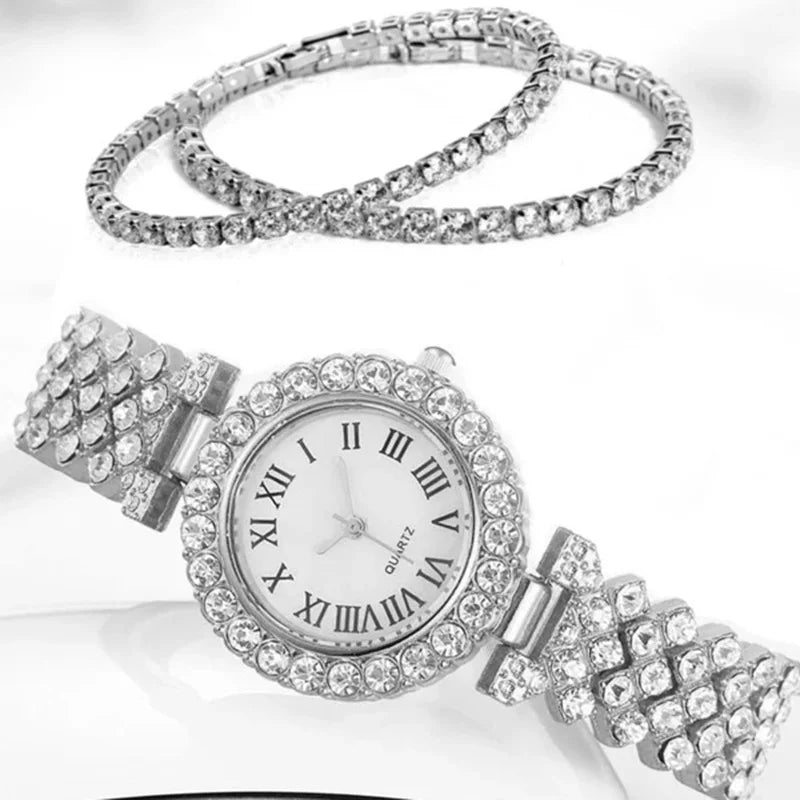 3pcs/set Watches Jewelry Set Round Pointer Quartz Watch & 2pcs Bracelet Fancy Women Watches Jewelry Qme
