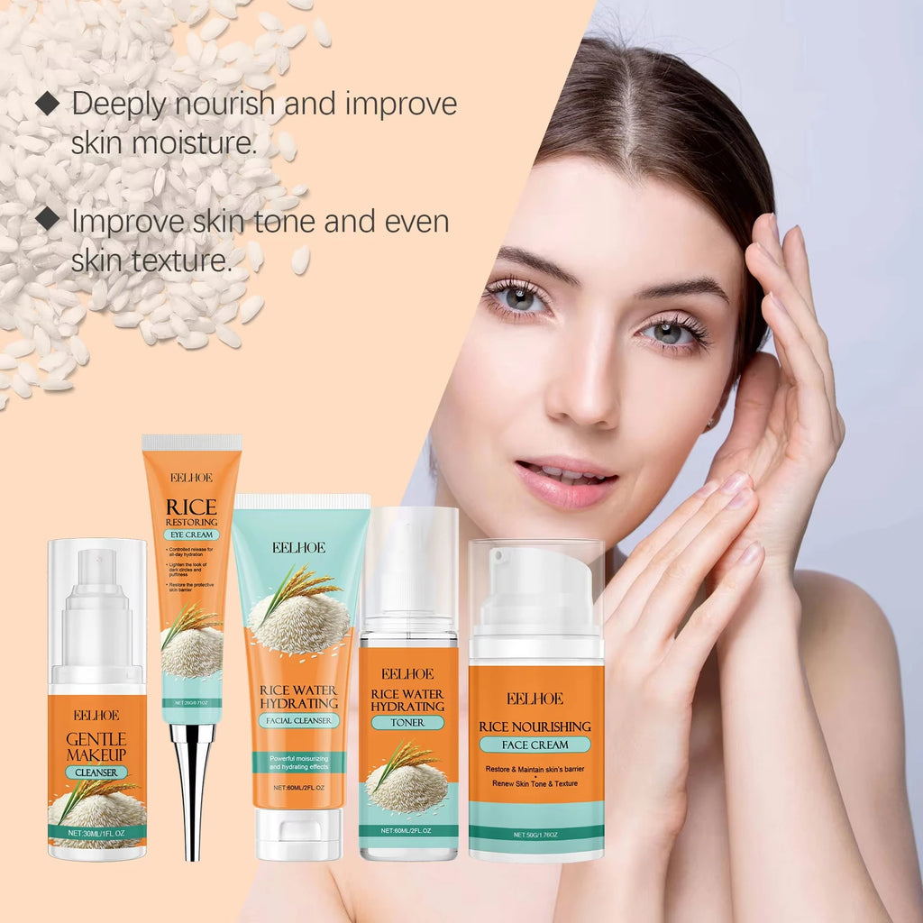 Rice Skincare Set 5 IN1 Gentle Brightening Makeup Remover Makeup Remover Toner Face Cream Eye Cream Moisturizing Glowing Skin Qme