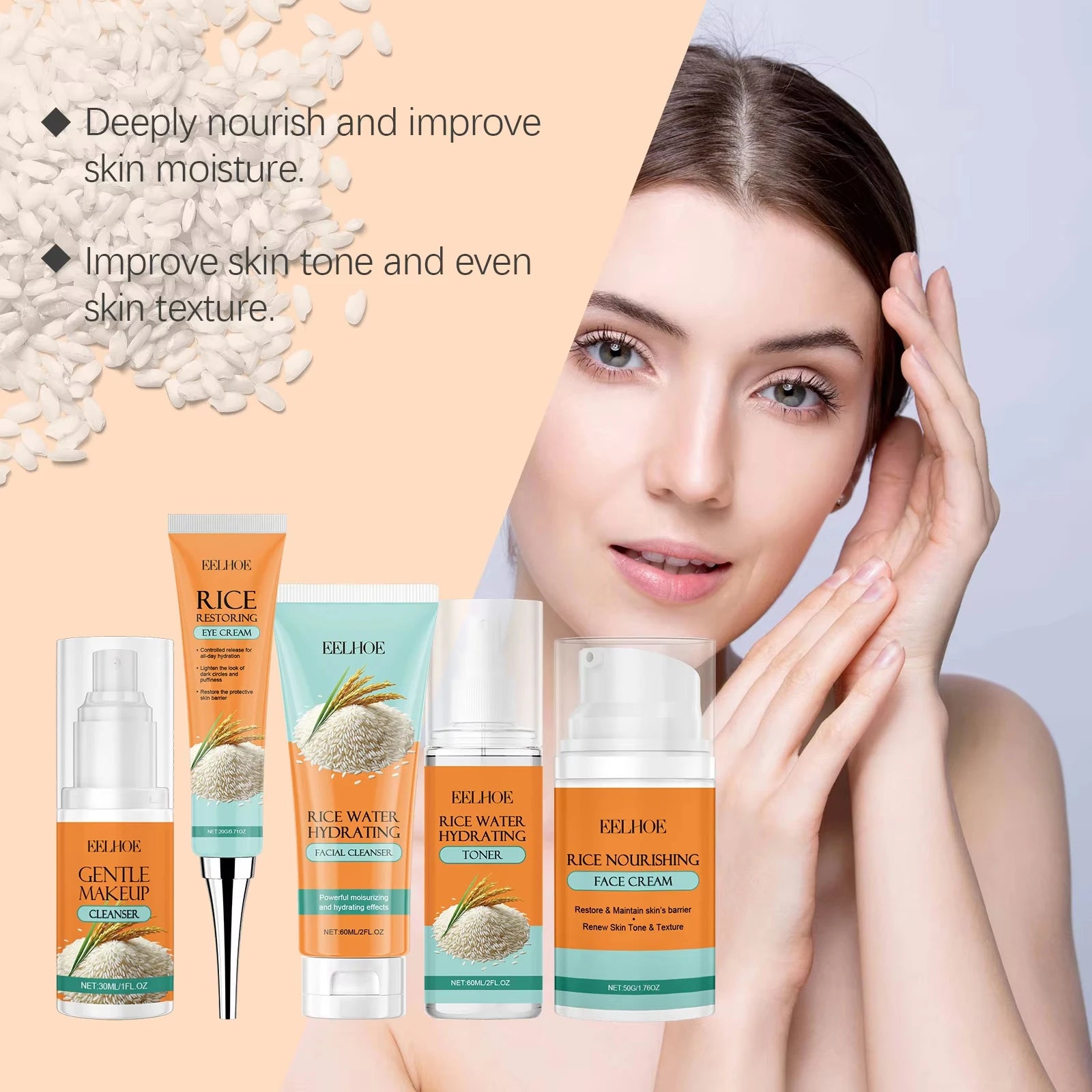 Rice Skincare Set 5 IN1 Gentle Brightening Makeup Remover Makeup Remover Toner Face Cream Eye Cream Moisturizing Glowing Skin Qme