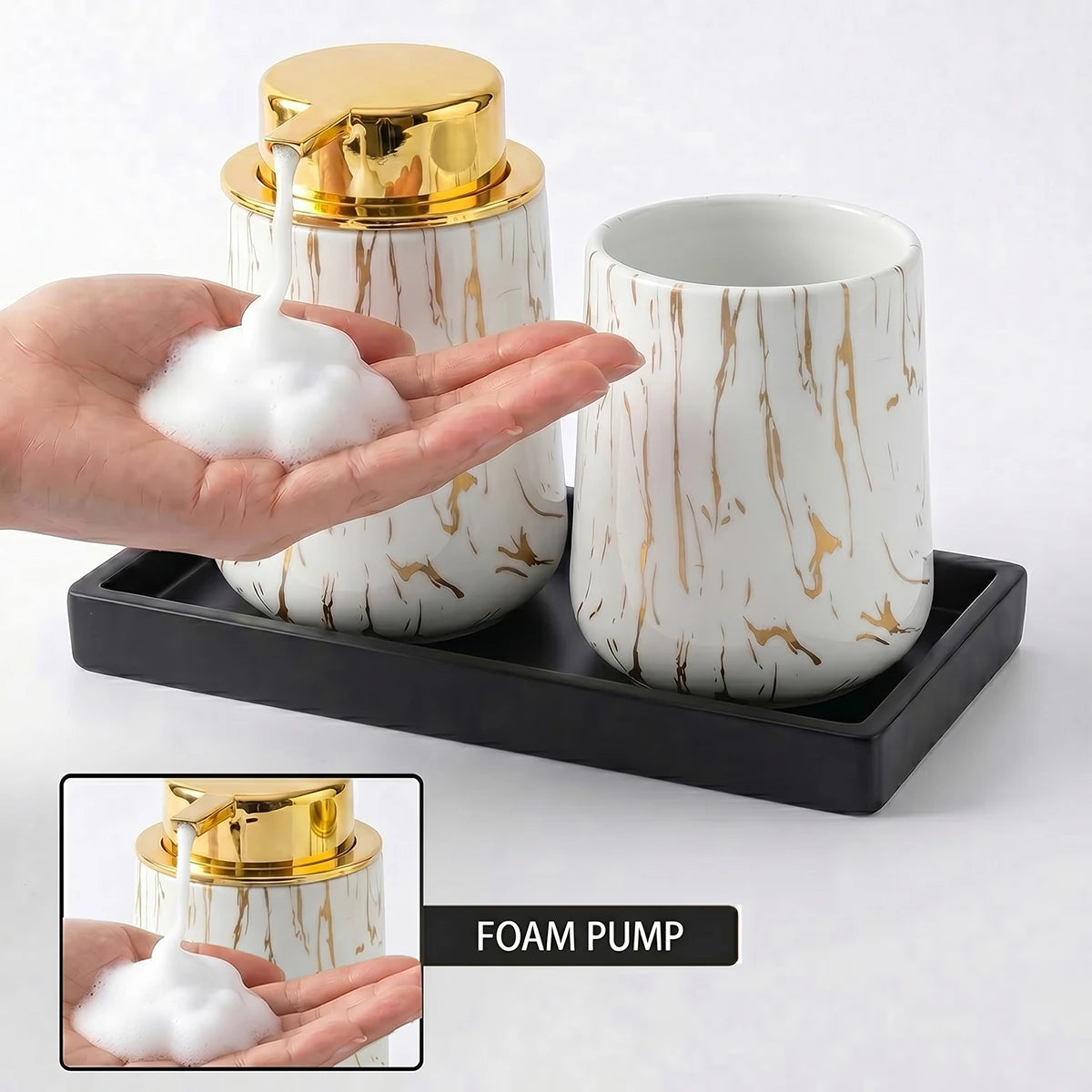 Luxury White Marble Bathroom Accessories Set Foaming Soap Dispenser Toothbrush Holder Unbreakable Plastic Gold Decor Vanity Set Qme gold foam set