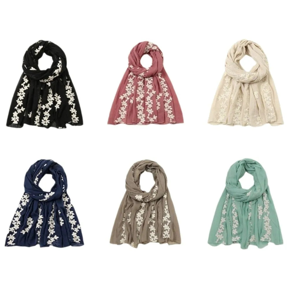 Floral Pattern Embroidered Hijab Breathable Lightweight Thin Fabric Shawl Soft Edged Gentle Ethnic Long Foulard Casual Stole Qme