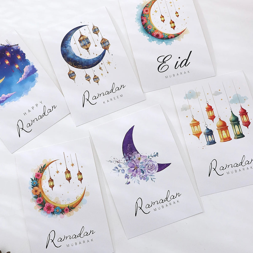 Islamic Greeting Card Set, 6 Eid Gift Card Designs Featuring Moonlight, Flowers, and Lanterns, Size 4.65× 7.01inch , Includes Envelopes and Stickers, Holiday Greeting Card Set, Ramadan DIY Holiday Decorations Qme 6Pcs