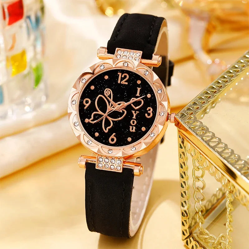 Women's watch with minimalist elements dialing quartz watch latex belt jewelry set for girls' gift Qme