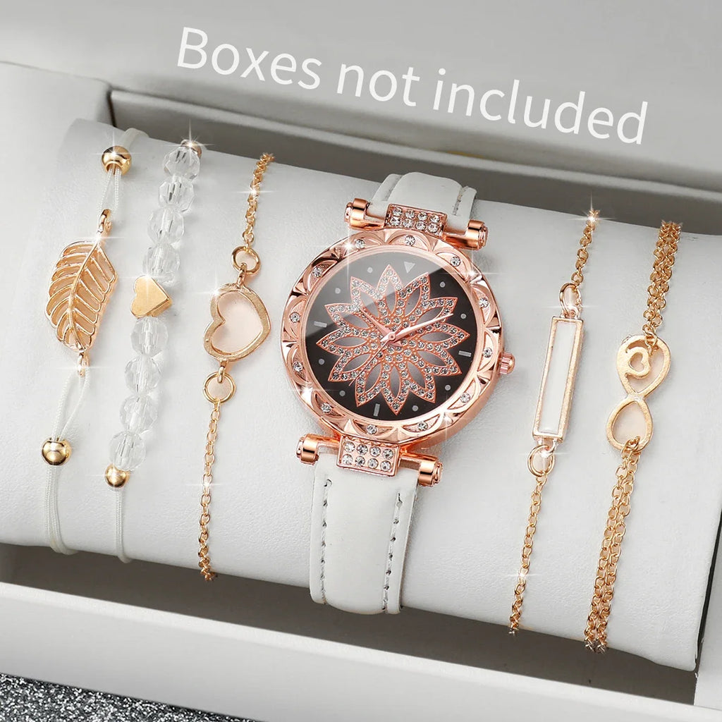 6 Pçs/set Relógio Feminino Moda Strass Flor Dial Relógios de Quartzo Pulseiras Conjunto (Sem Caixa) Qme white