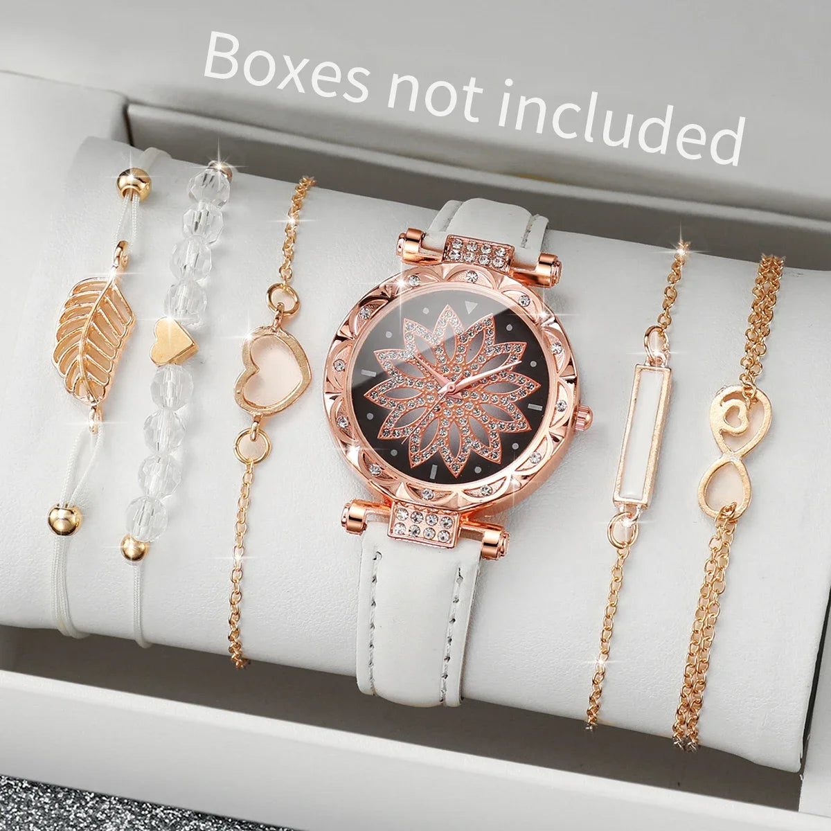 6 Pçs/set Relógio Feminino Moda Strass Flor Dial Relógios de Quartzo Pulseiras Conjunto (Sem Caixa) Qme white