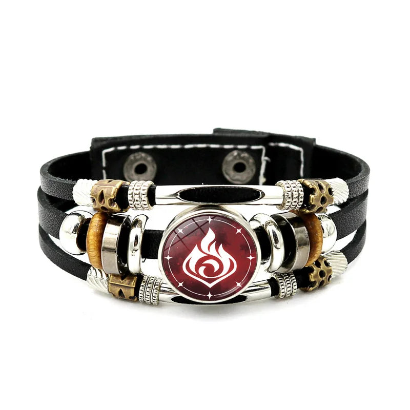 Luminous Genshin Impact Leather Bracelet Eye of God Water Wind Thunder Fire Rock Ice Element Snap Button Bracelets Jewelry Gift Qme
