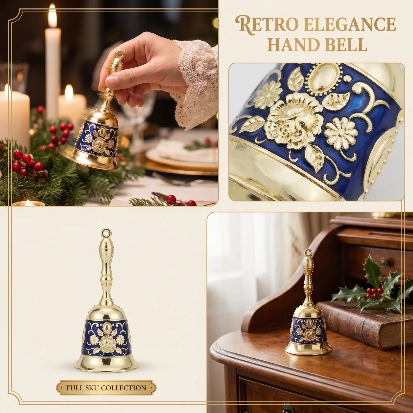 Brass Handicraft Large Engraved Hand Bell Loud and Clear Sound for Meditation Church Bronze Bell Creative Dining Service Bell Qme Blue One Size