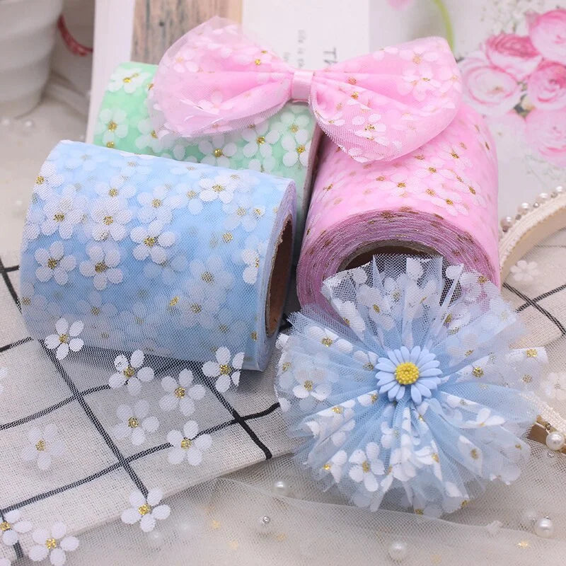 6cm 5Yards Floret Tulle Daisy Ribbon Roll DIY Craft Ribbons for Gift Bow Packaging Cherry Blossoms Printed Mesh Fabric Supplies Qme