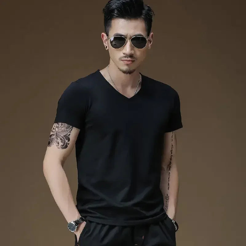 Plain Cotton Gym T-shirt Men Summer Fitness Clothing V-Neck Short Sleeve T Shirt Summer Comfortable Breathable Versatile Top Qme BK 5XL