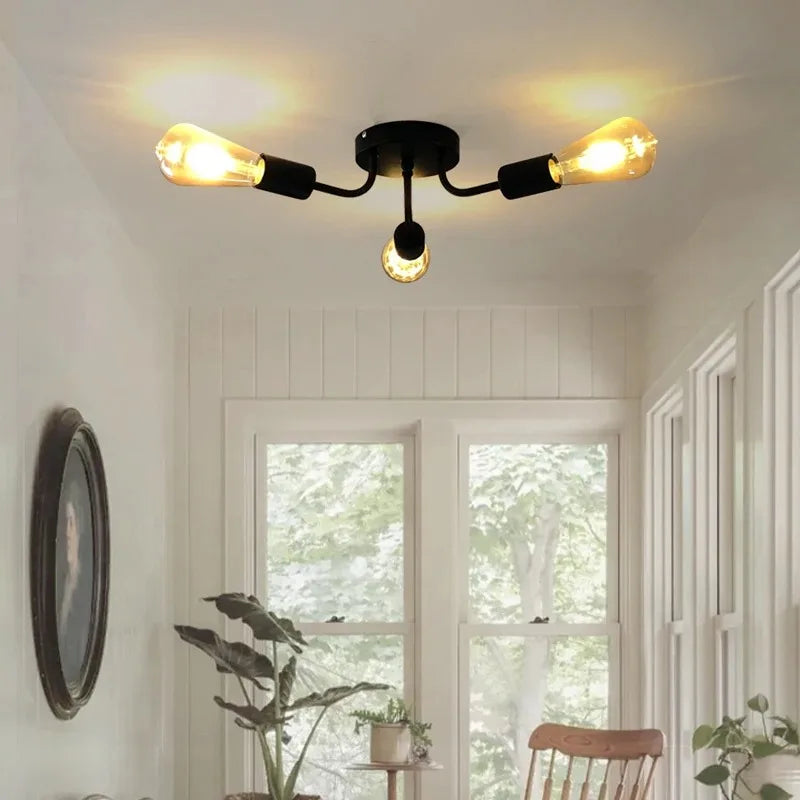 Vintage Ceiling Lights Multiple Rod Wrought Iron Ceiling Lamp E27 Bulb Living Room Lamparas for Home Lighting Fixtures Qme
