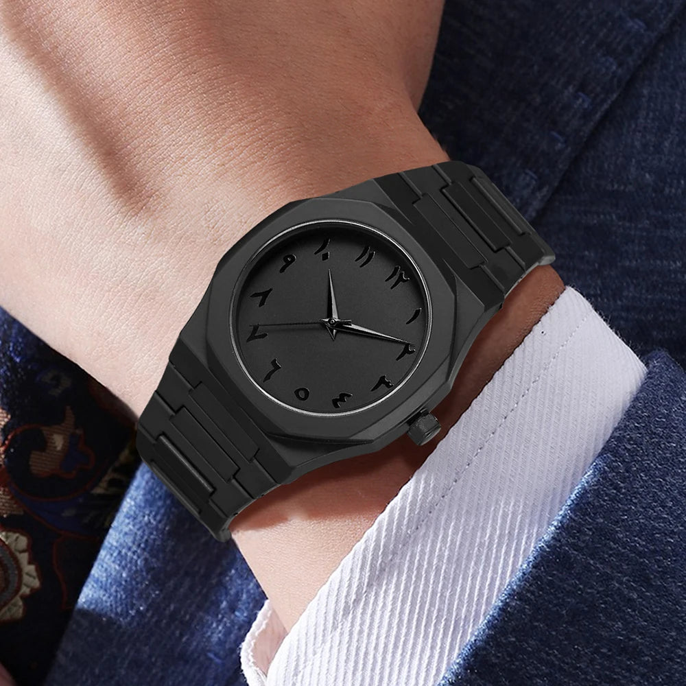 Matte black octagonal Arabic numerals men's watch infinite symbol leather wood bead woven bracelet four pieces Qme