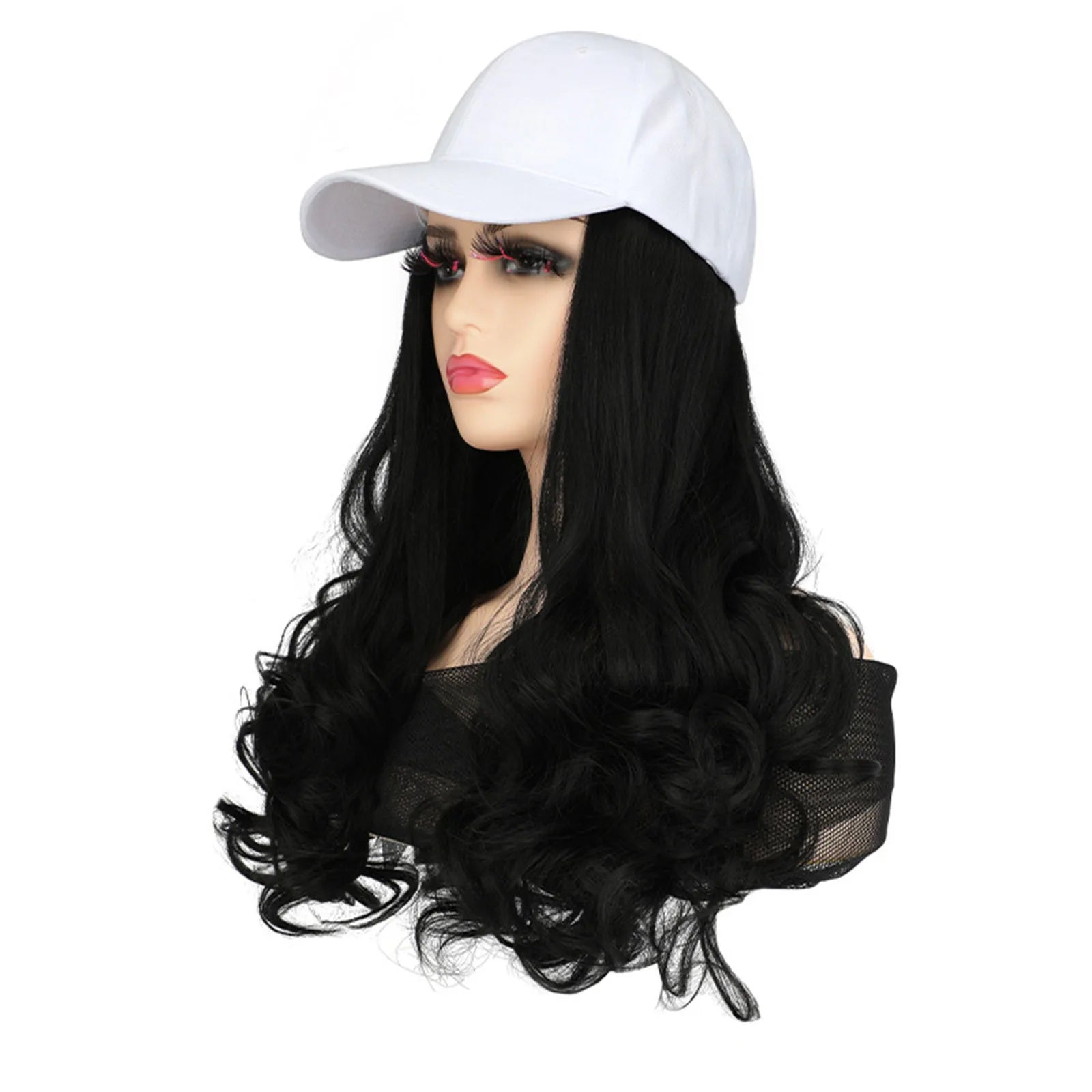 Baseball Cap With Hair Extensions Long Curly Hairstyle Adjustable Removable Black Wig Hat 17.7inch For Woman Girl Qme B