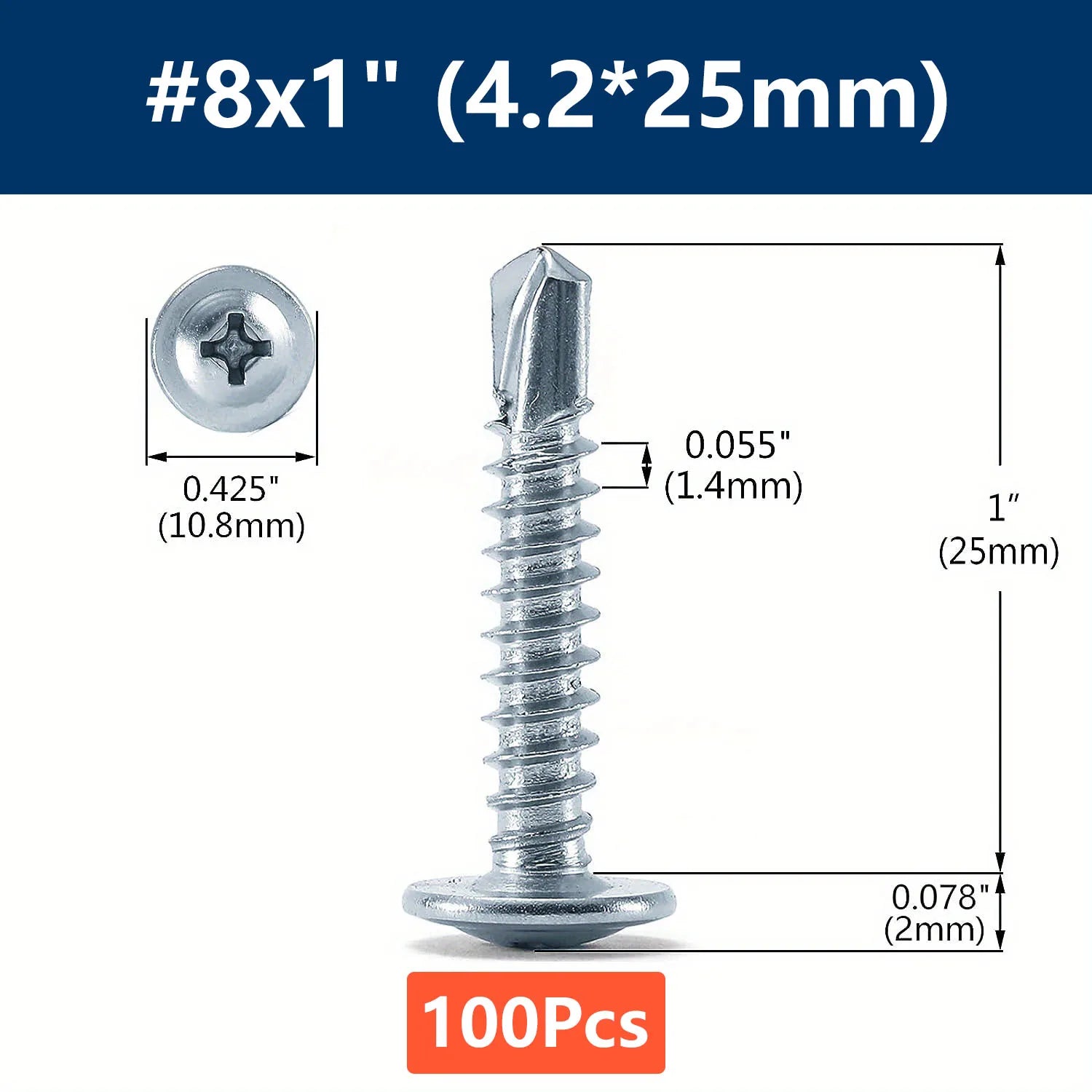 #8 Phillips Truss Head Self Drilling Tek Screw Zinc Oxide Sheet Metal Screws Fast Self Tapping Screws Lath to Metal Studs 100Pcs Qme 100pcs 25mm