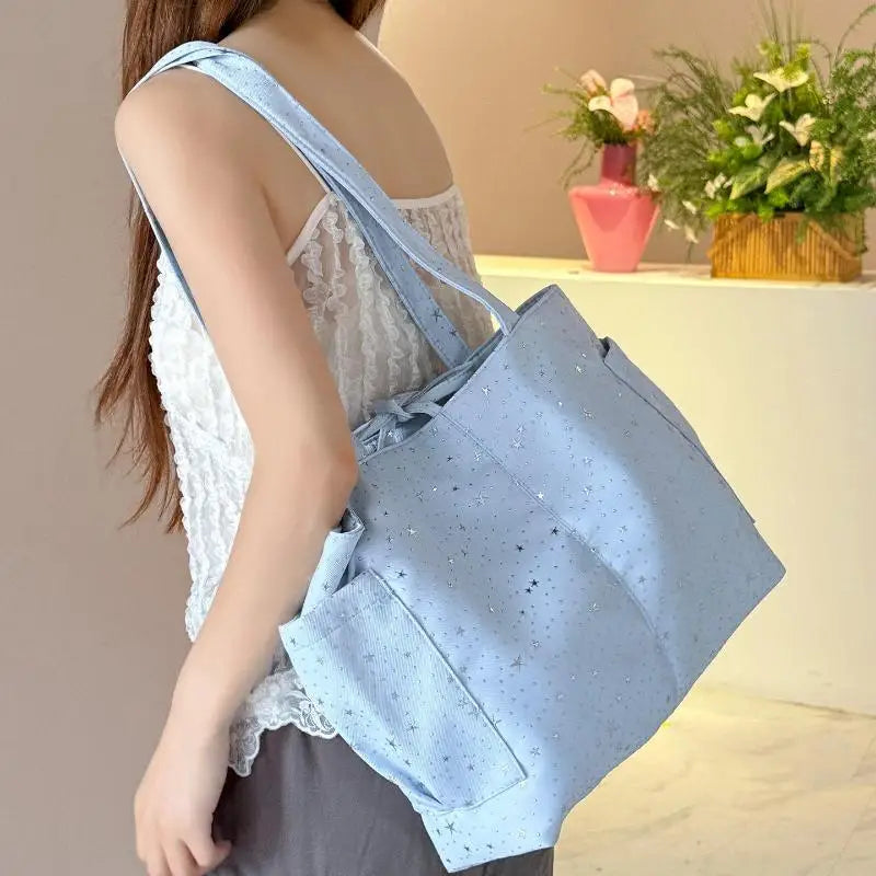 Light Blue Tote Bag With Glitter Star Pattern Bow Decor Multi Pockets For School Shopping Daily Outings Travel Qme