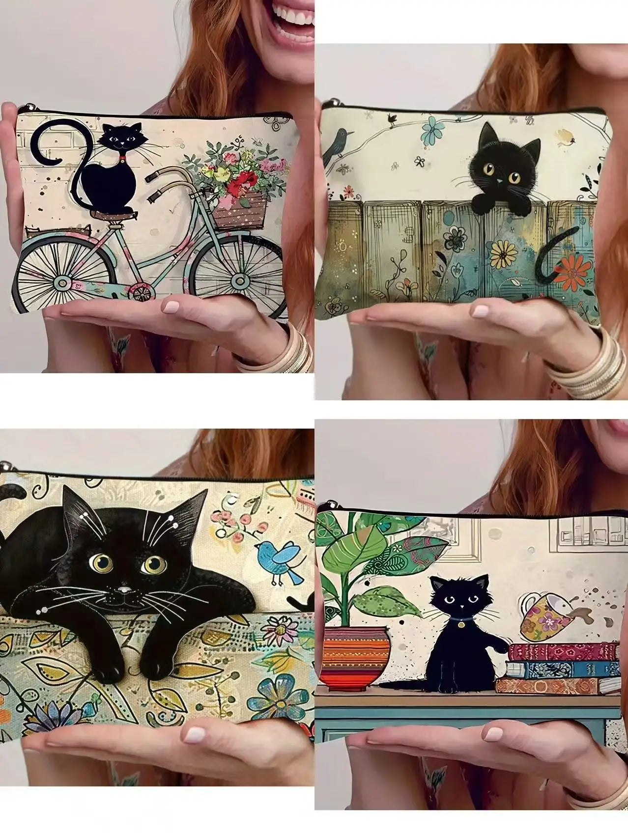 Stylish Black Cat Pattern Cosmetic Bag Water-resistant Polyester Zip Qme