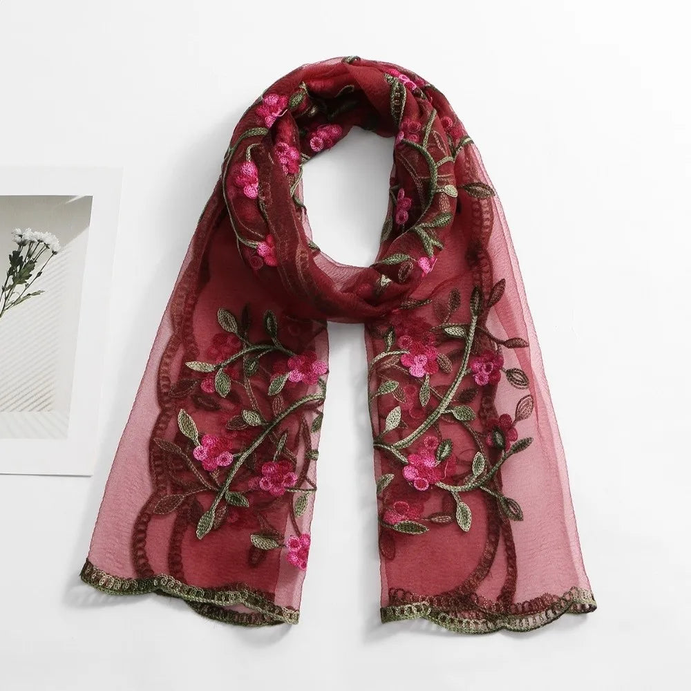 Ethnic Style Embroidered Floral Headwrap Breathable Lightweight Boho Sheer Shawl Skin-Friendly Soft Summer Hijab Qme Dark Red